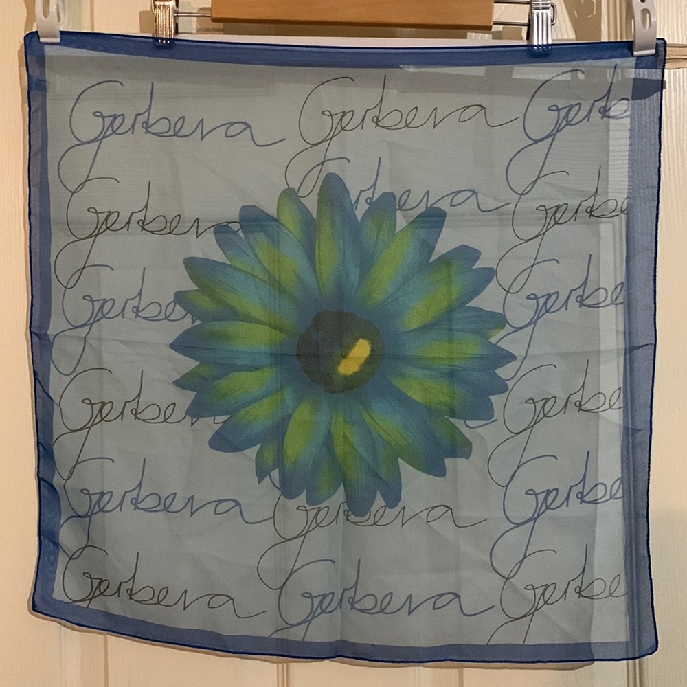 Gerbera daisy scarf.  From Italy  blues and greens.   Sheer lightweight